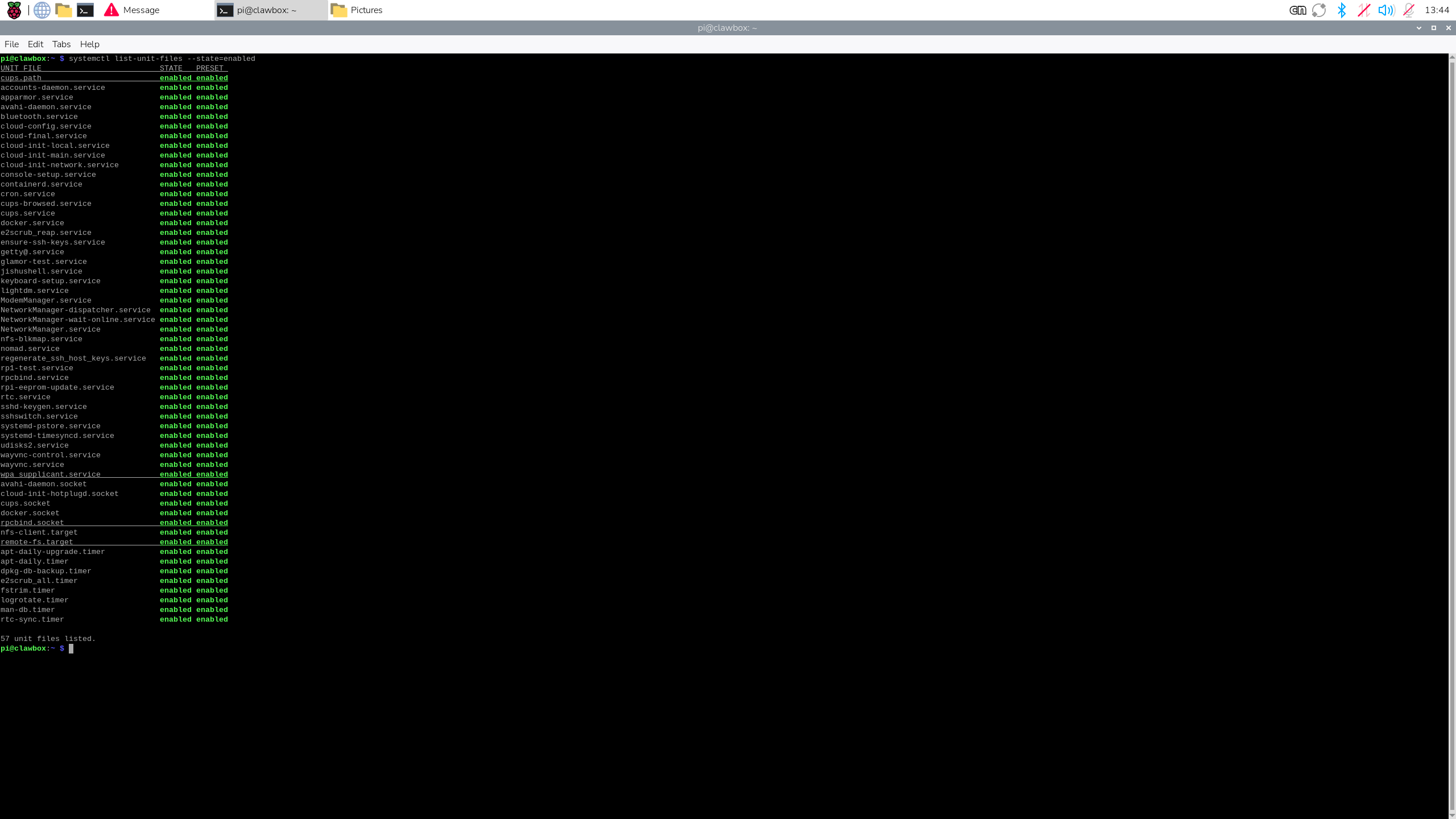 Terminal listing enabled system services on the ED-CLAWBOX