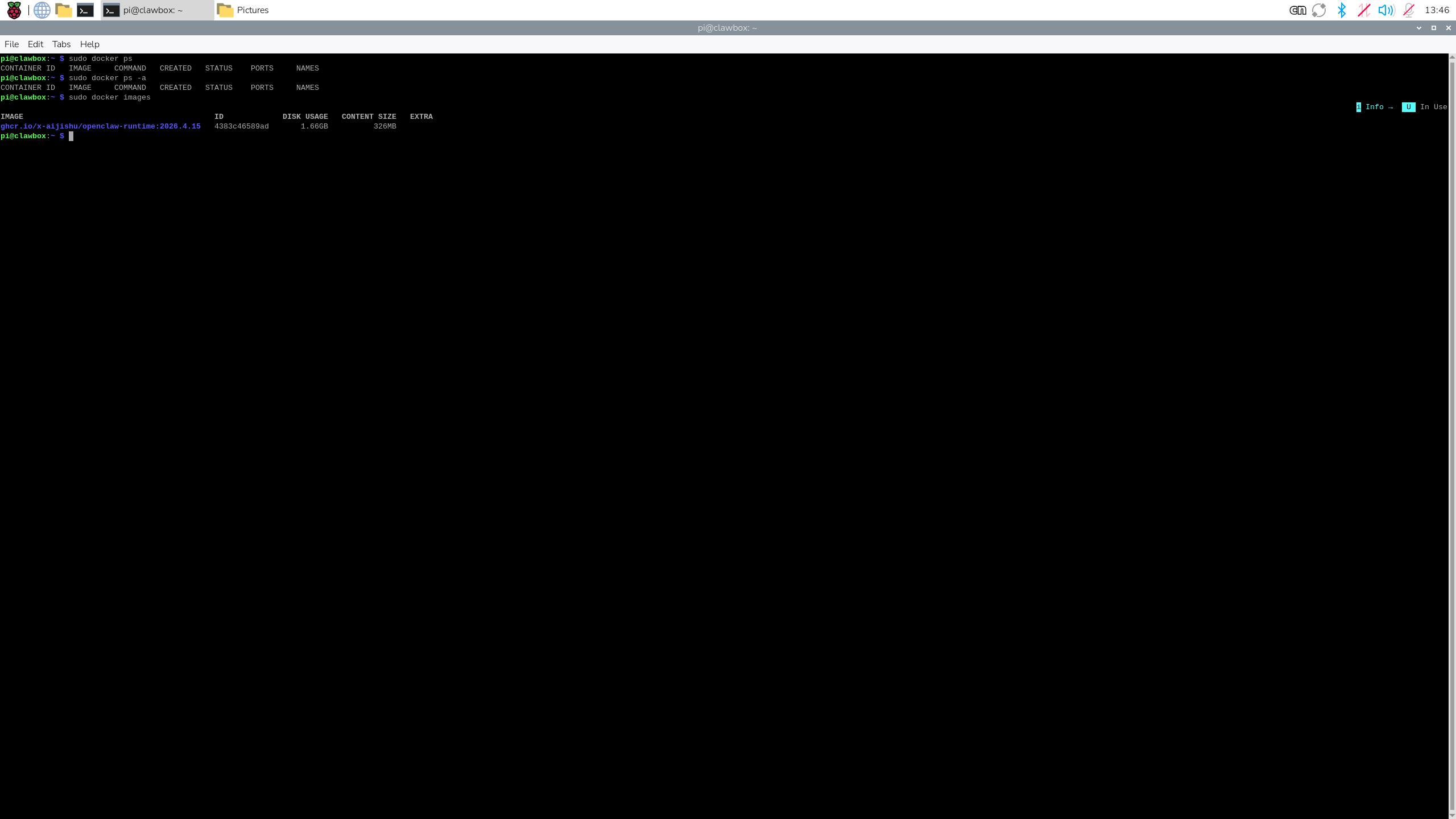 Terminal showing no running Docker containers and one preloaded OpenClaw runtime image