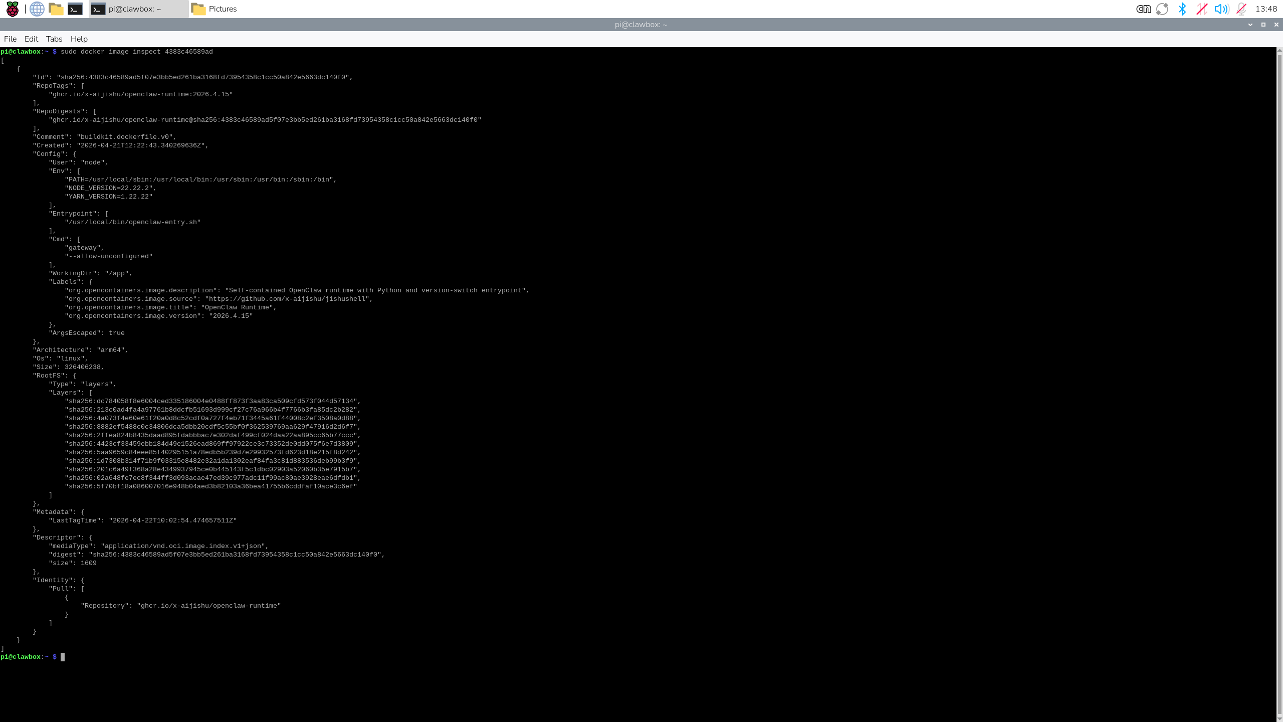 Terminal showing metadata for the preloaded OpenClaw Docker image