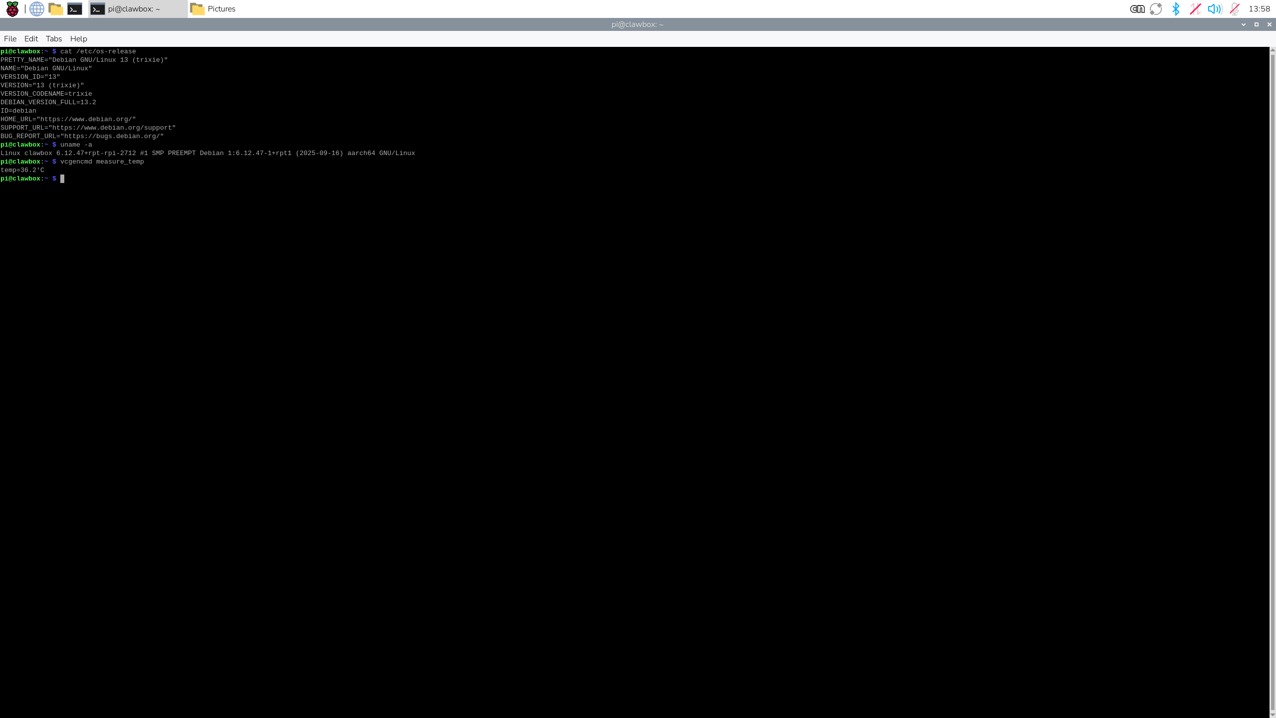 Terminal showing Debian 13.2, Linux kernel 6.12.47, and a processor temperature of 36.2 degrees Celsius before updating
