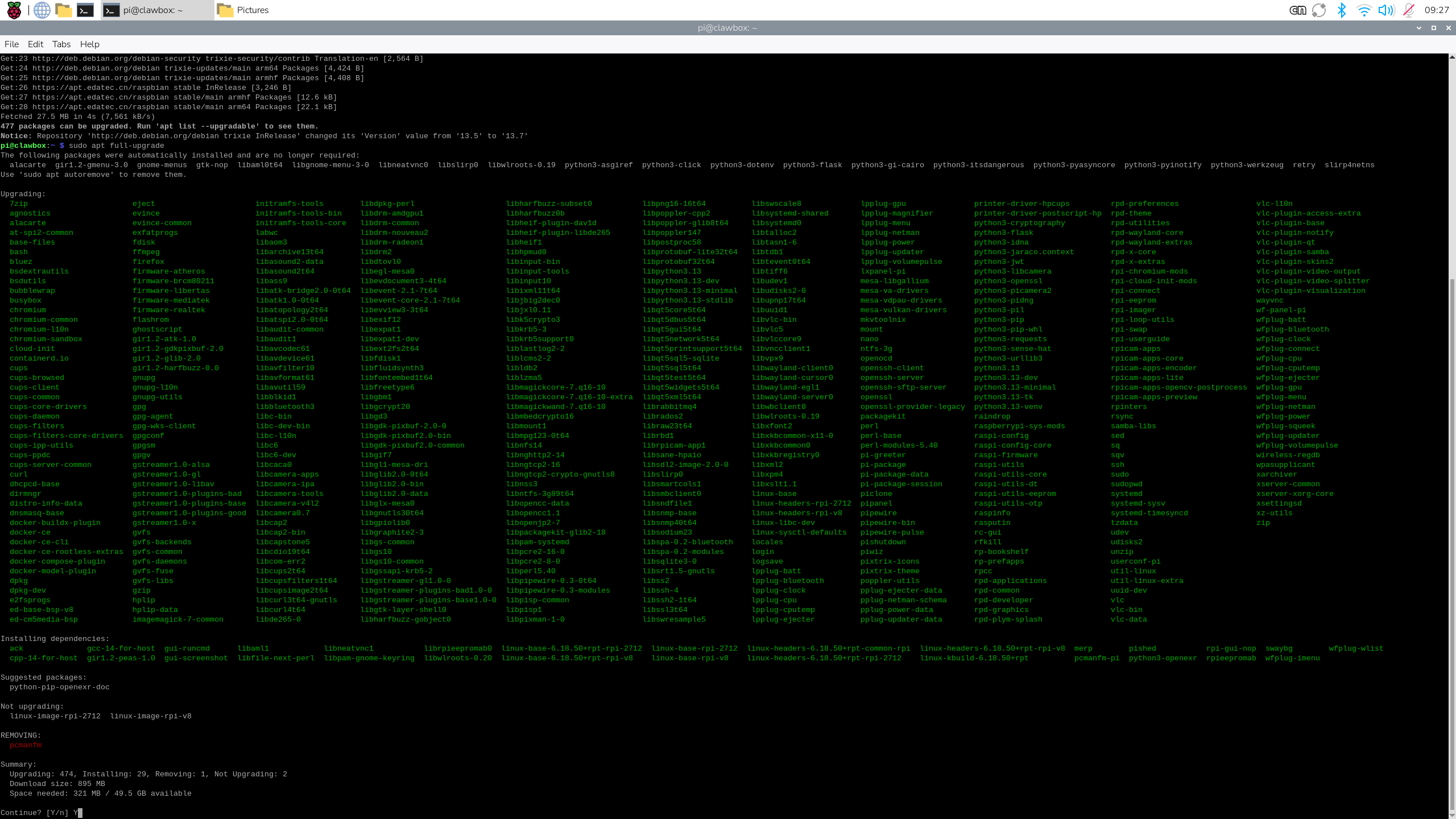 Terminal listing a large set of software updates available for the ED-CLAWBOX