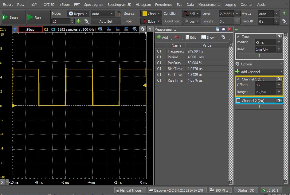 Analog Discovery 2 capture of the 250 hertz square wave arriving at DI0 with 50.004 percent positive duty cycle