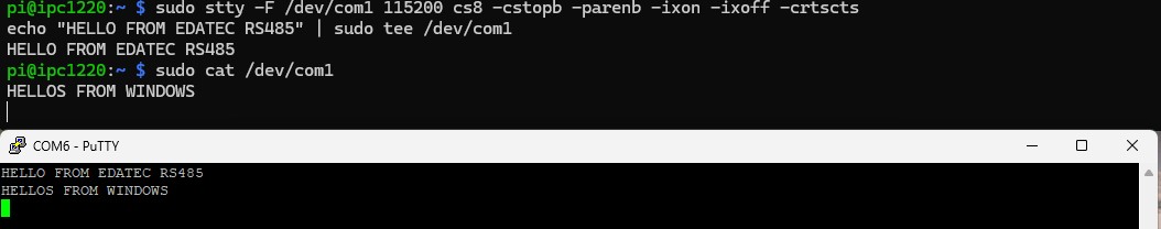 ED-IPC1220 SSH terminal and Windows PuTTY exchanging RS485 test messages in both directions