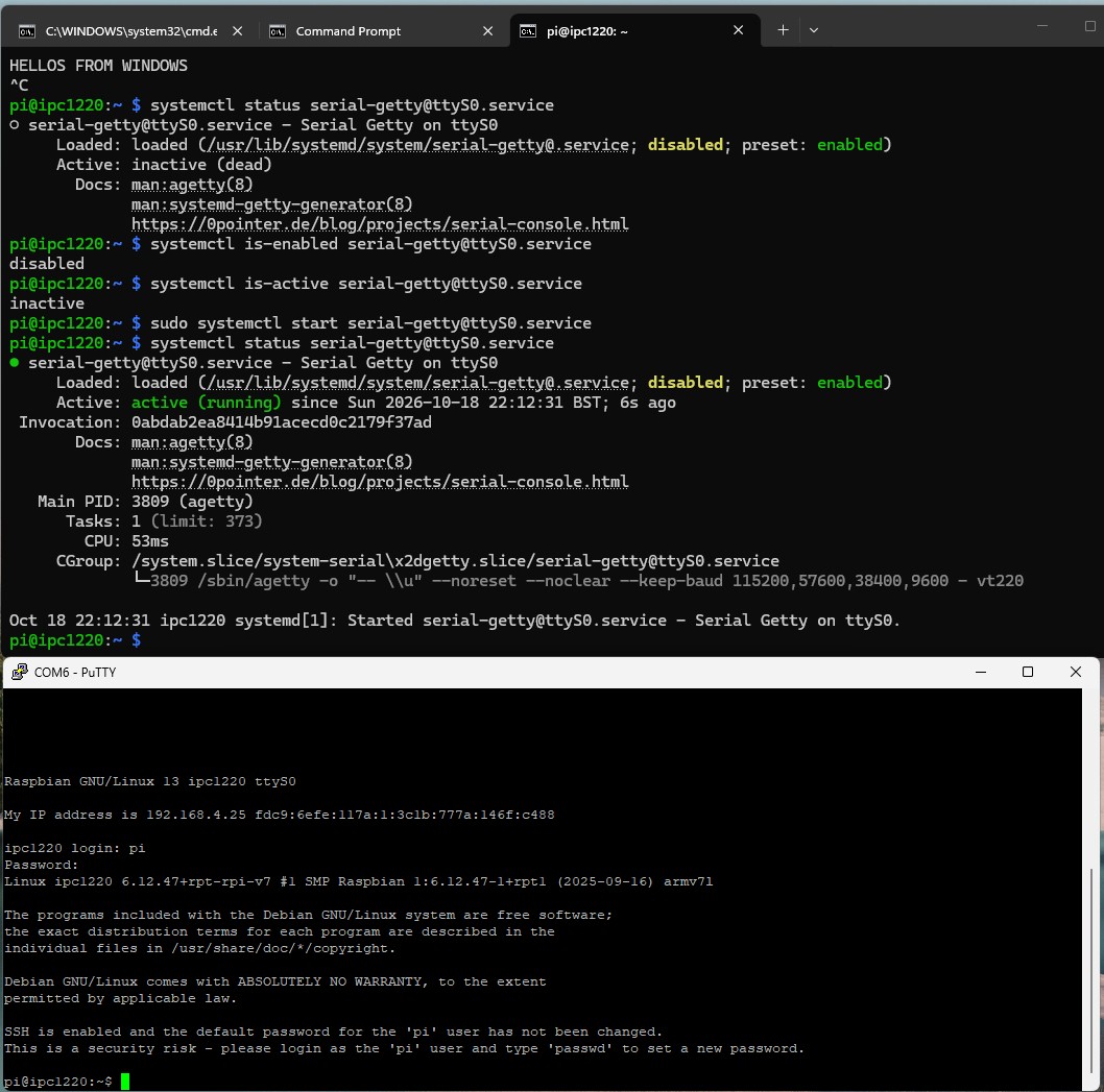 ED-IPC1220 terminal showing serial-getty started on ttyS0 beside a successful PuTTY serial login