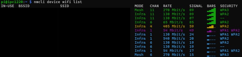 ED-IPC1220 terminal showing Wi-Fi networks detected by NetworkManager with network identifiers masked