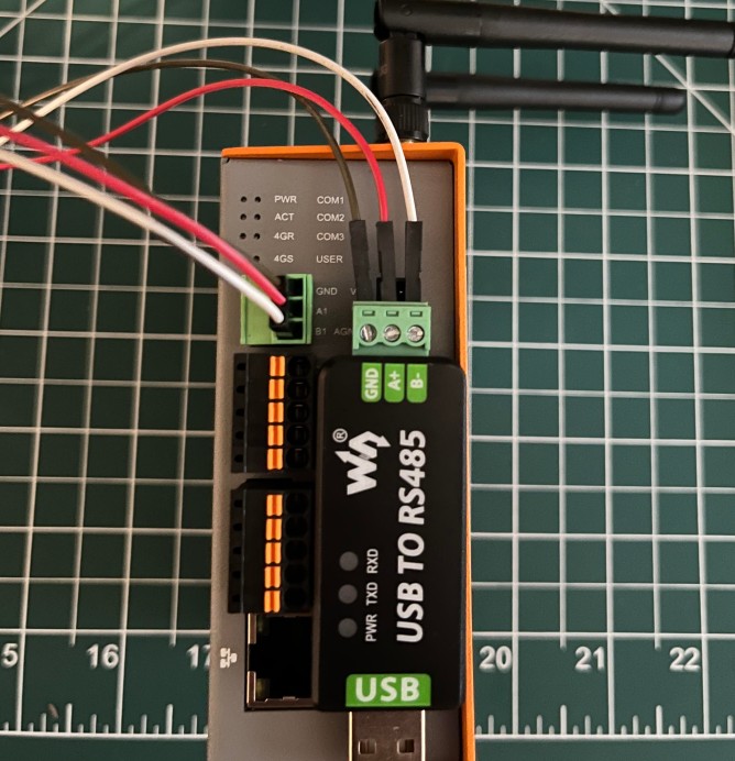 EDATEC ED-IPC1220 wired to a Waveshare USB-to-RS485 adapter through a separately sourced screw-terminal block