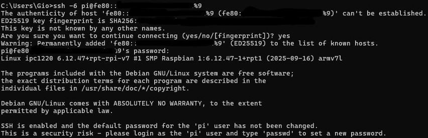 Windows command prompt showing the first successful IPv6 SSH login to the ED-IPC1220 with addresses masked