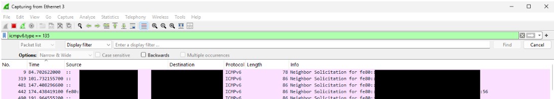 Wireshark capture filtered to show ICMPv6 Neighbor Solicitation traffic from the ED-IPC1220